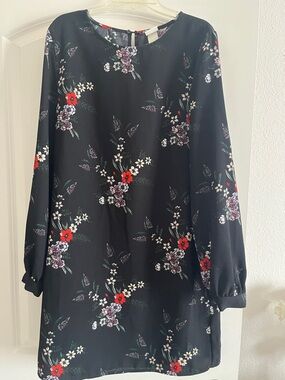H&M Black Floral Midi Dress with Red, Purple & Cream Flowers